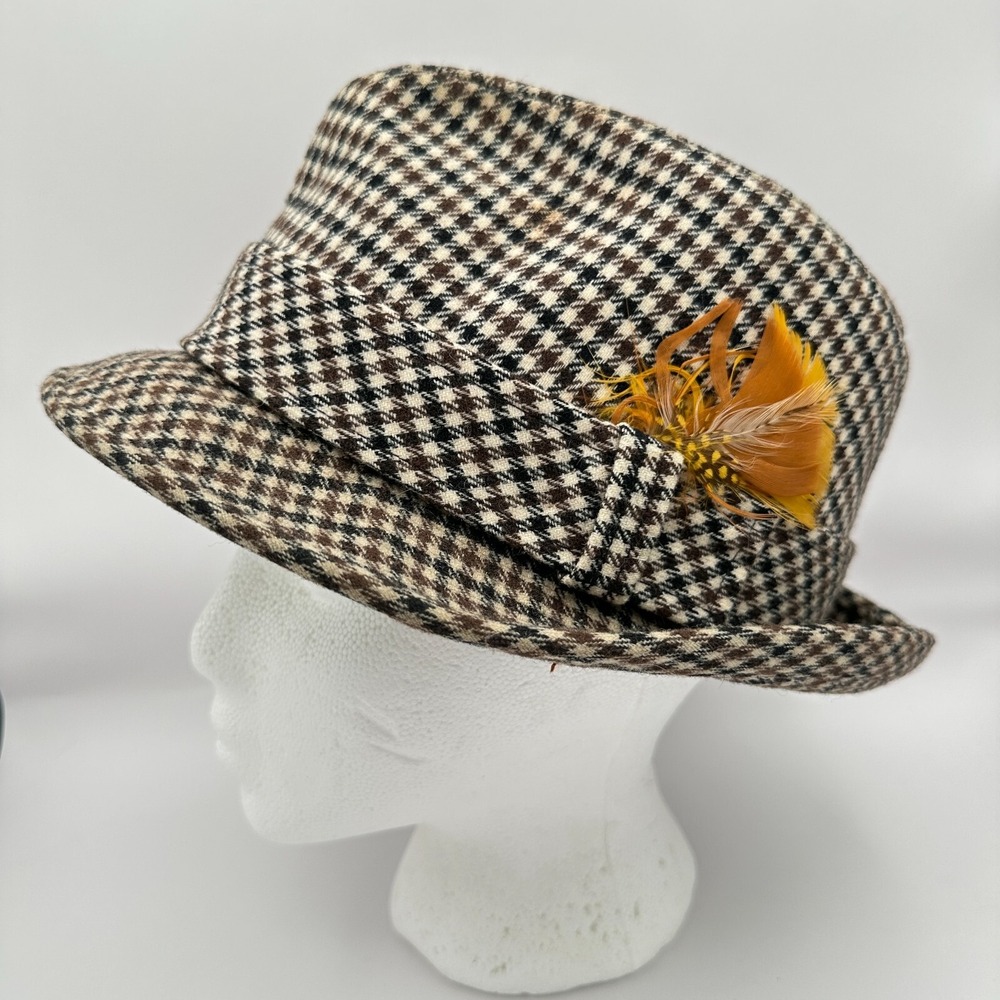 VTG Pendleton Fedora Hat 7 1/8 Brown Black Ivory Houndstooth Virgin Wool Feather